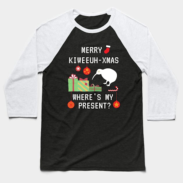 Funny Merry Kiwi Christmas, Where's My Present? Kiwi New Zealand Christmas Celebration Xmas Baseball T-Shirt by Mochabonk